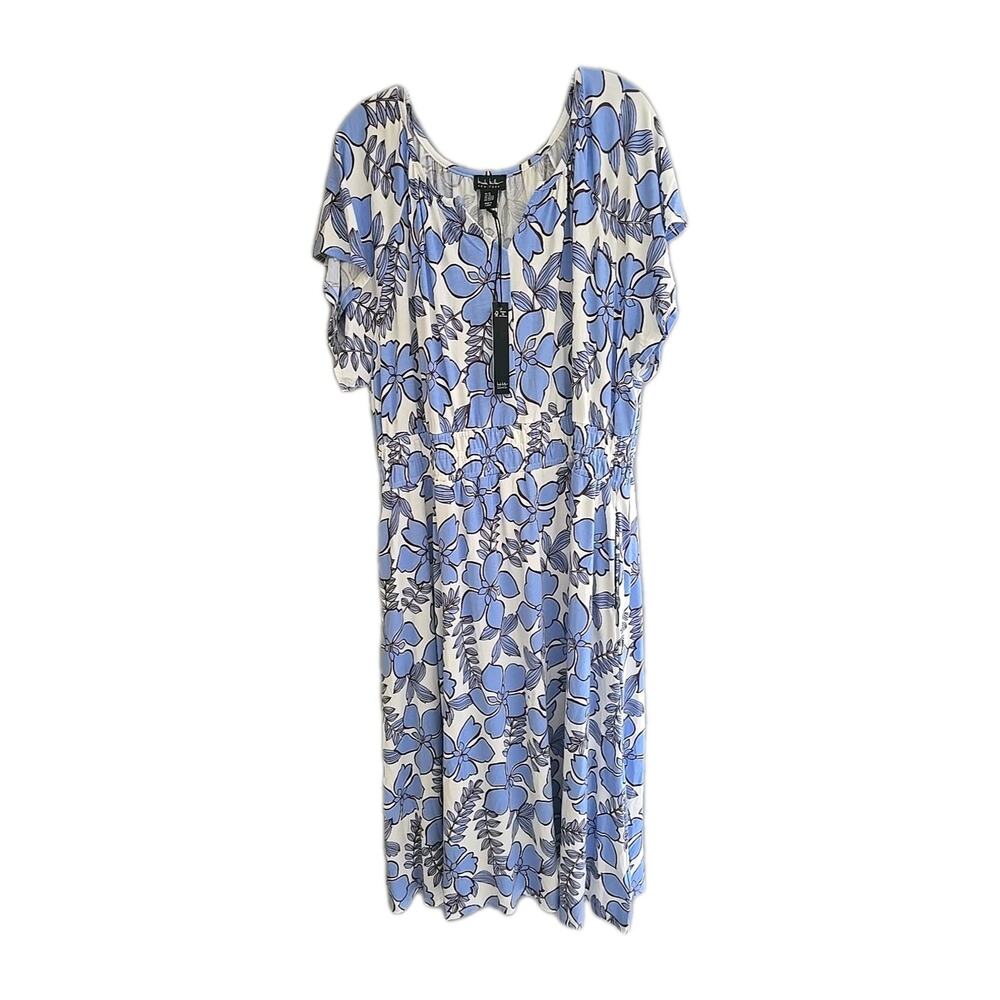NWT Nicole Miller Blue Floral Split Neck Short Sleeve Midi Dress Womans Size 2X